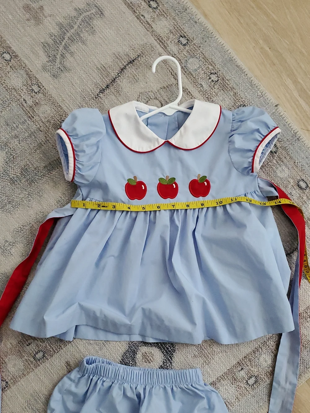 Little English Girls Light Blue Set Outfit Red Apple Appliqués School Sz4T